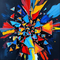 An expressive abstract artwork titled 'Fragments', depicting a dynamic composition of shattered colored glass pieces scattered across a dark canvas