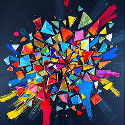 An expressive abstract artwork titled 'Fragments', depicting a dynamic composition of shattered colored glass pieces scattered across a dark canvas