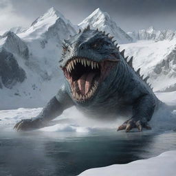 Detailed depiction of a massive, menacing sea monster emerging from an icy lake situated at the foot of a snow-capped mountain