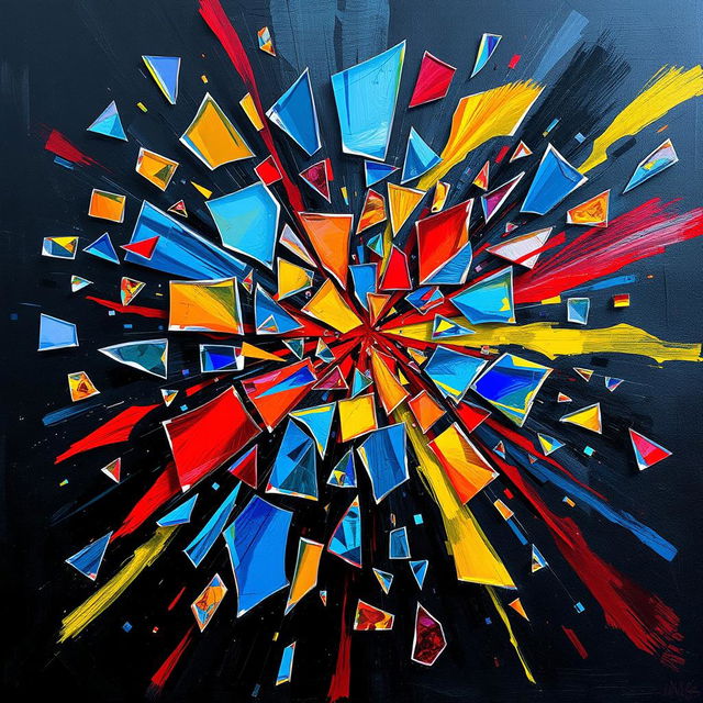 An expressive abstract artwork titled 'Fragments', depicting a dynamic composition of shattered colored glass pieces scattered across a dark canvas