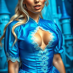 A close-up shot of a stunning blonde woman wearing a shiny blue princess costume with white lace trim