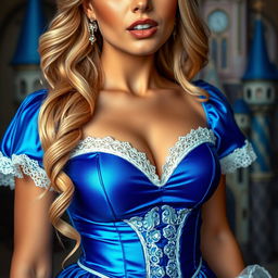 A close-up shot of a stunning blonde woman wearing a shiny blue princess costume with white lace trim