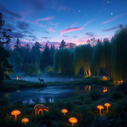 An enchanting forest scene at dusk, illuminated by soft bioluminescent plants and glowing mushrooms