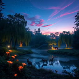 An enchanting forest scene at dusk, illuminated by soft bioluminescent plants and glowing mushrooms