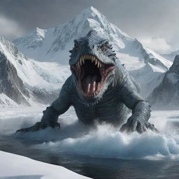 Detailed depiction of a massive, menacing sea monster emerging from an icy lake situated at the foot of a snow-capped mountain