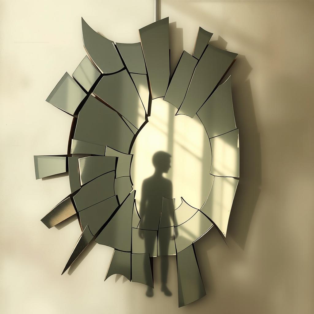 An evocative artwork titled 'Essence in Fragments', depicting the shadow of a person reflected in a broken, fragmented mirror