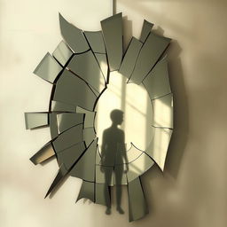 An evocative artwork titled 'Essence in Fragments', depicting the shadow of a person reflected in a broken, fragmented mirror