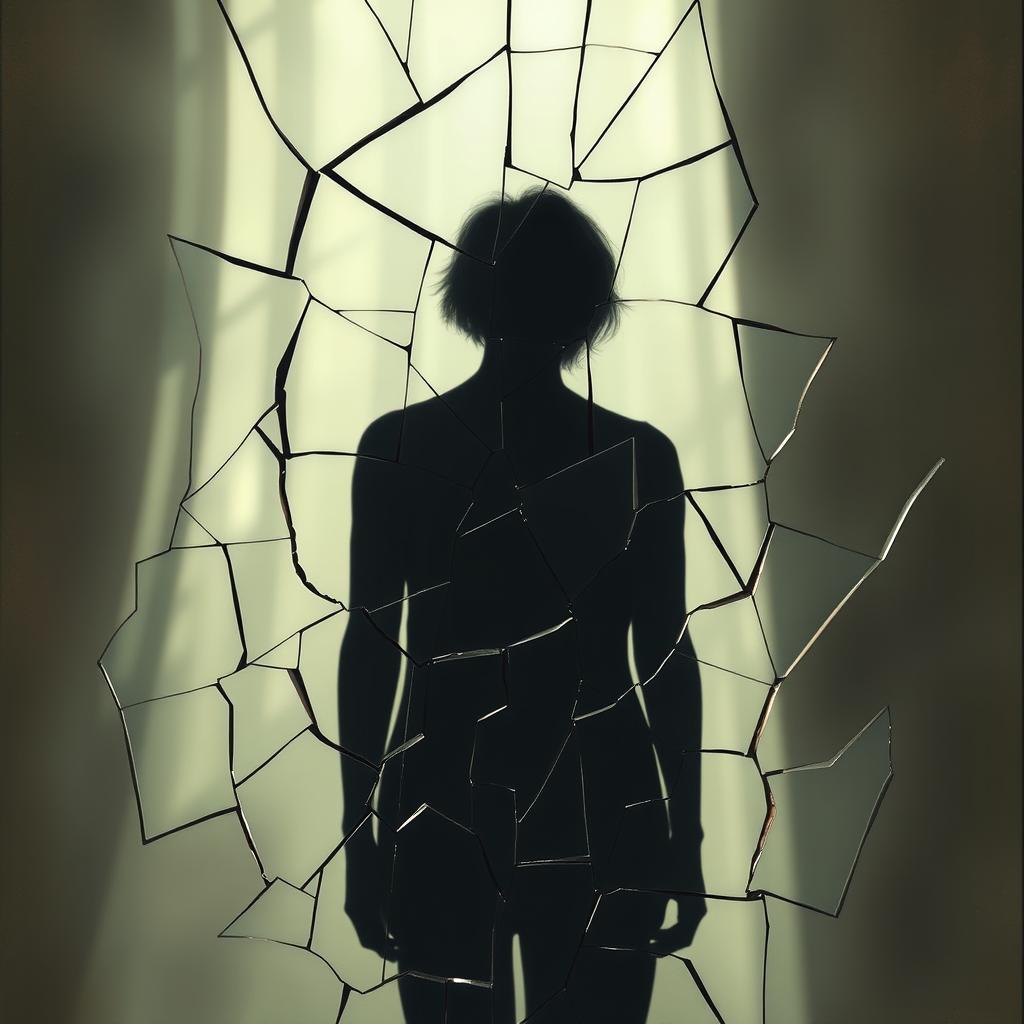 An evocative artwork titled 'Essence in Fragments', depicting the shadow of a person reflected in a broken, fragmented mirror