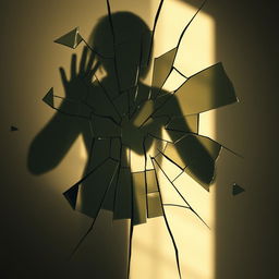 An evocative artwork titled 'Essence in Fragments', depicting the shadow of a person reflected in a broken, fragmented mirror