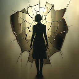 An evocative artwork titled 'Essence in Fragments', depicting the shadow of a person reflected in a broken, fragmented mirror