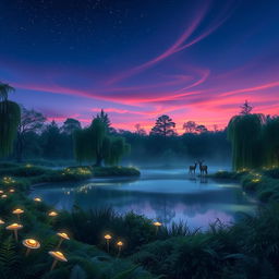 An enchanting forest scene at dusk, illuminated by soft bioluminescent plants and glowing mushrooms