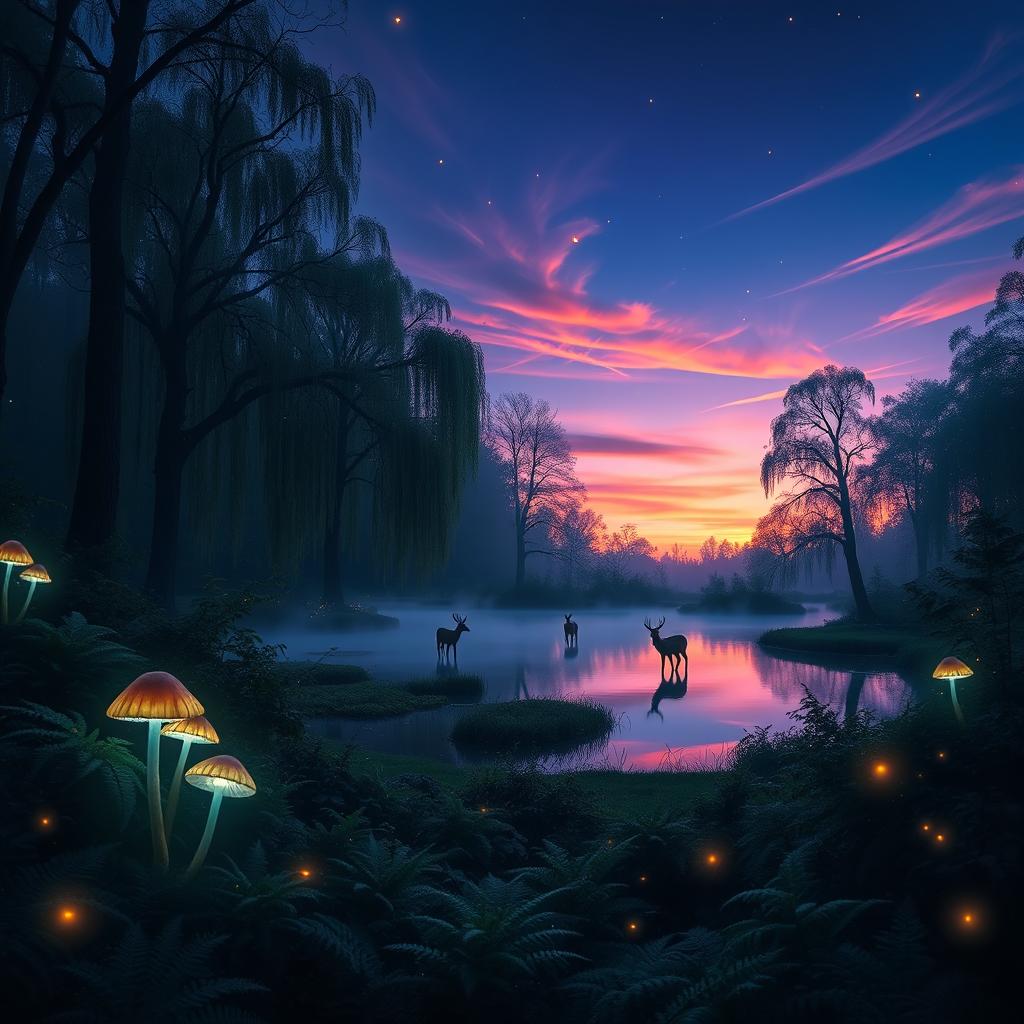 An enchanting forest scene at dusk, illuminated by soft bioluminescent plants and glowing mushrooms