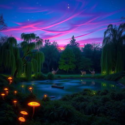 An enchanting forest scene at dusk, illuminated by soft bioluminescent plants and glowing mushrooms