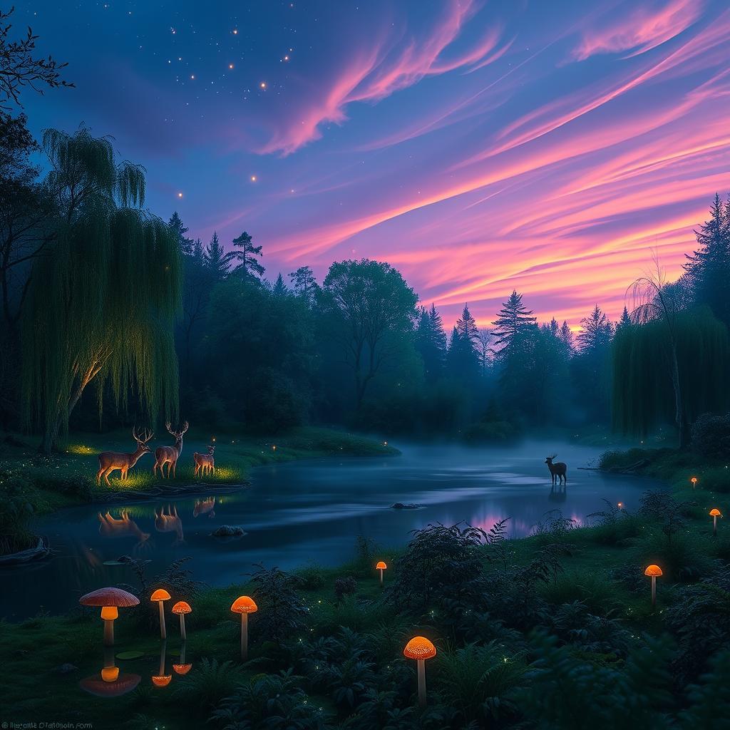 An enchanting forest scene at dusk, illuminated by soft bioluminescent plants and glowing mushrooms