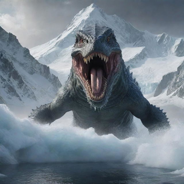 Detailed depiction of a massive, menacing sea monster emerging from an icy lake situated at the foot of a snow-capped mountain