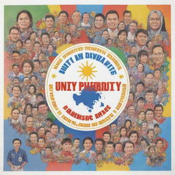 Generate a poster with the slogan 'Unity in Diversity is Philippine's Strength'. Include elements of freedom and Filipino culture, alongside symbols representing morality.