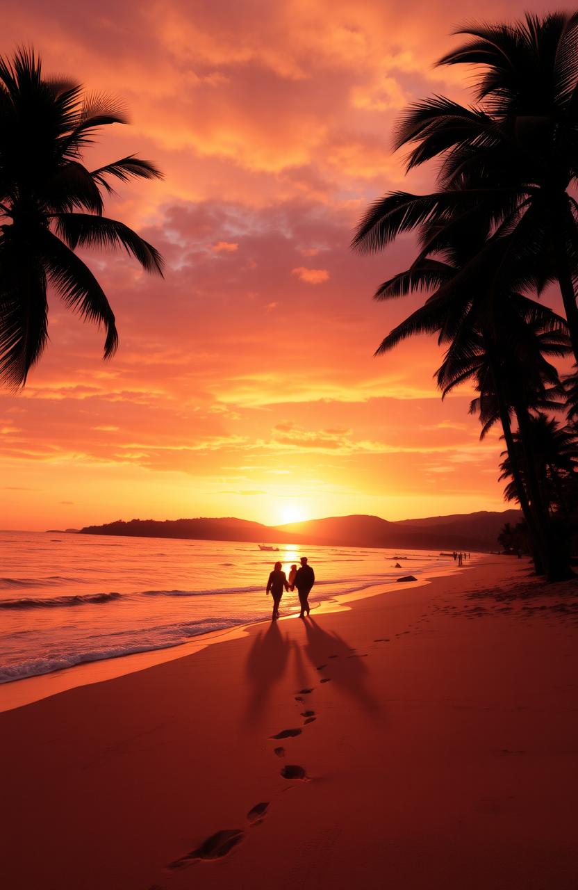 A scenic view of a tranquil beach at sunset, with soft waves gently lapping against the shore