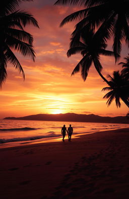 A scenic view of a tranquil beach at sunset, with soft waves gently lapping against the shore