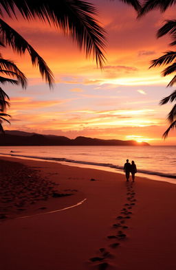 A scenic view of a tranquil beach at sunset, with soft waves gently lapping against the shore