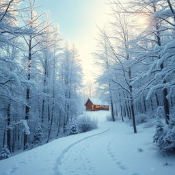 A serene winter landscape featuring a snow-covered forest, the trees dusted with fresh, fluffy snow