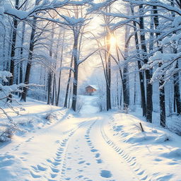 A serene winter landscape featuring a snow-covered forest, the trees dusted with fresh, fluffy snow