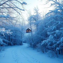 A serene winter landscape featuring a snow-covered forest, the trees dusted with fresh, fluffy snow