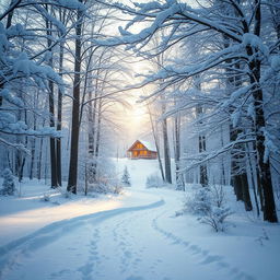 A serene winter landscape featuring a snow-covered forest, the trees dusted with fresh, fluffy snow