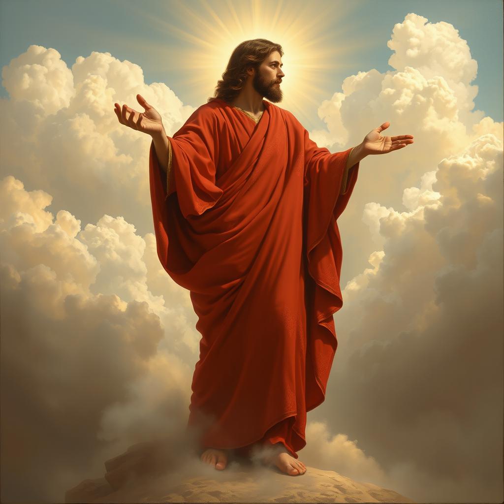 A painting of Christ standing among the clouds of heaven during his second coming, depicted in profile