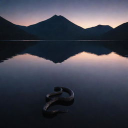 A sea snake emerging from the smooth, dark surface of a lake, framed by the ominous silhouette of a mountain under a twilight sky.