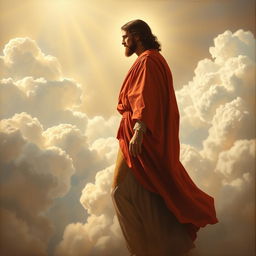 A painting of Christ standing among the clouds of heaven during his second coming, depicted in profile