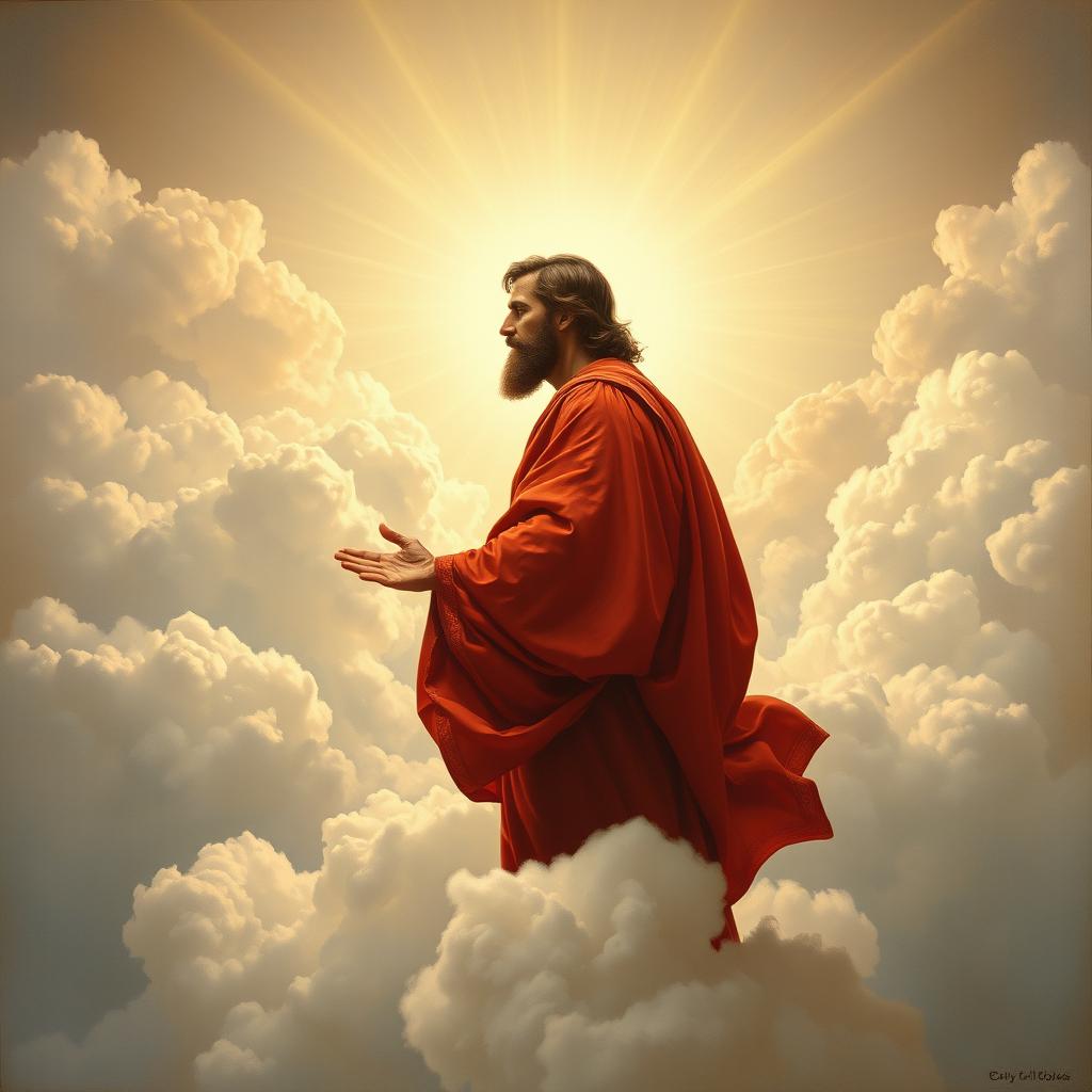 A painting of Christ standing among the clouds of heaven during his second coming, depicted in profile