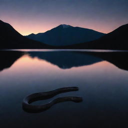 A sea snake emerging from the smooth, dark surface of a lake, framed by the ominous silhouette of a mountain under a twilight sky.