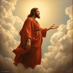 A painting of Christ standing among the clouds of heaven during his second coming, depicted in profile