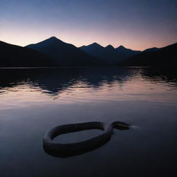 A sea snake emerging from the smooth, dark surface of a lake, framed by the ominous silhouette of a mountain under a twilight sky.