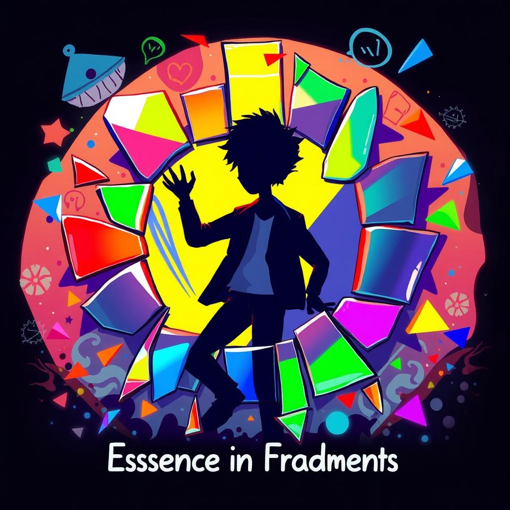 A vibrant and lively animated illustration titled 'Essence in Fragments', featuring a colorful portrayal of a person's shadow reflected in a fragmented mirror