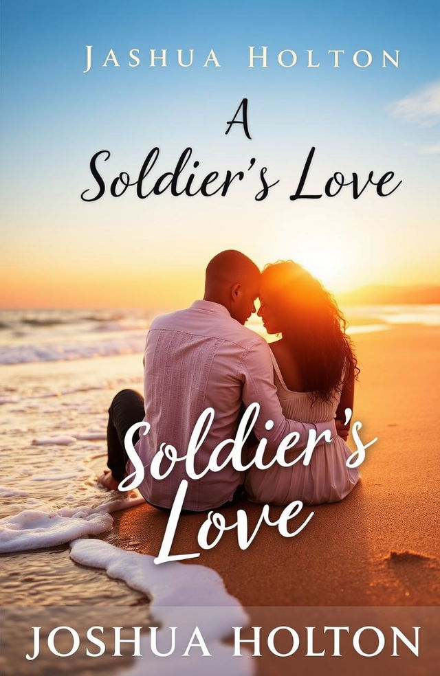 A book cover for 'A Soldier's Love' by Joshua Holton featuring a tender, romantic scene on a sunlit beach