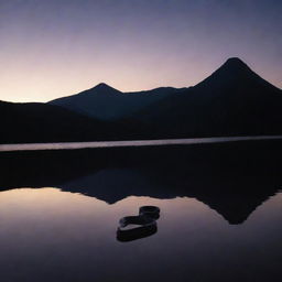 A sea snake emerging from the smooth, dark surface of a lake, framed by the ominous silhouette of a mountain under a twilight sky.