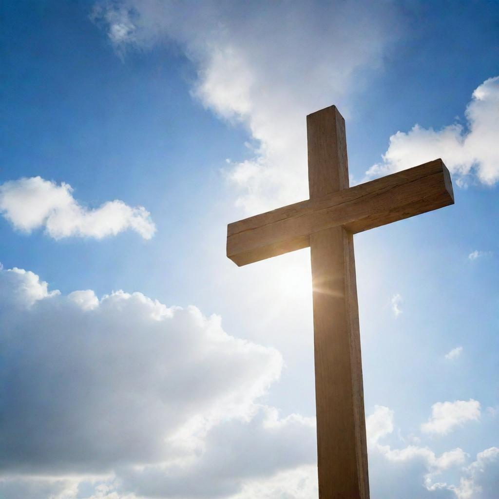 A highly detailed, wooden cross bathed in soft, heavenly light against a serene sky background.