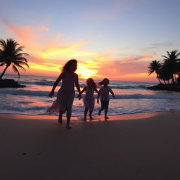 A scenic view of a tranquil beach at sunset, with three friends enjoying their time together