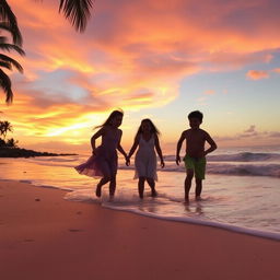 A scenic view of a tranquil beach at sunset, with three friends enjoying their time together