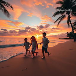 A scenic view of a tranquil beach at sunset, with three friends enjoying their time together