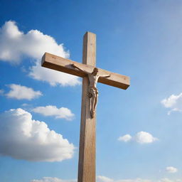 A highly detailed, wooden cross bathed in soft, heavenly light against a serene sky background.