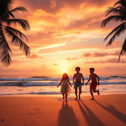 A scenic view of a tranquil beach at sunset, with three friends enjoying their time together