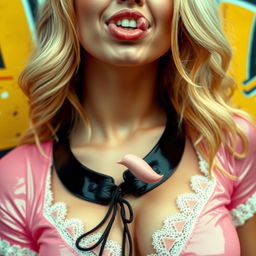 A close-up shot of a gorgeous female with blonde hair, wearing a pink latex dress with white lace trim