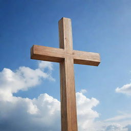 A highly detailed, wooden cross bathed in soft, heavenly light against a serene sky background.