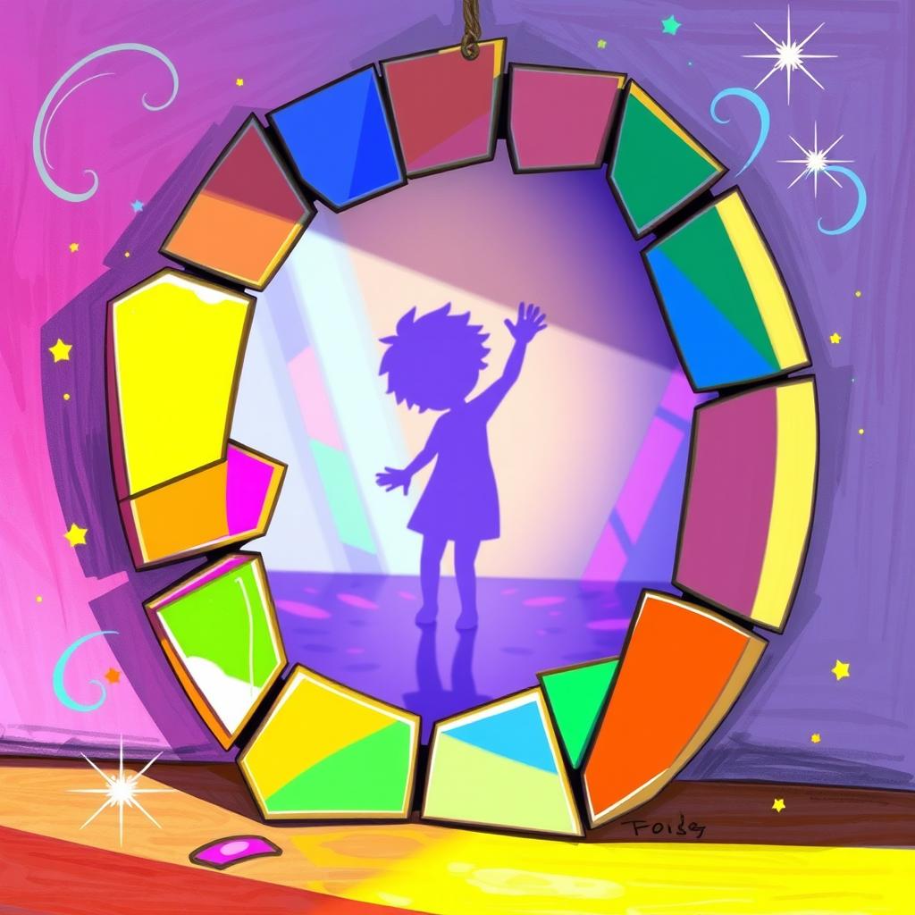 A lively animated drawing titled 'Essence in Fragments', capturing the essence of a person with their colorful shadow reflected in a fragmented mirror