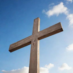 A highly detailed, wooden cross bathed in soft, heavenly light against a serene sky background.