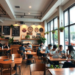 A cozy café interior design featuring rustic wooden furniture, soft ambient lighting, and large windows allowing natural light to flood in