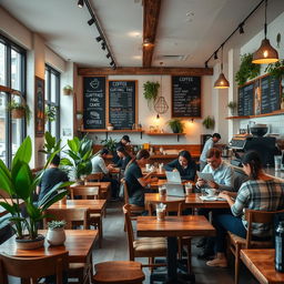 A cozy café interior design featuring rustic wooden furniture, soft ambient lighting, and large windows allowing natural light to flood in