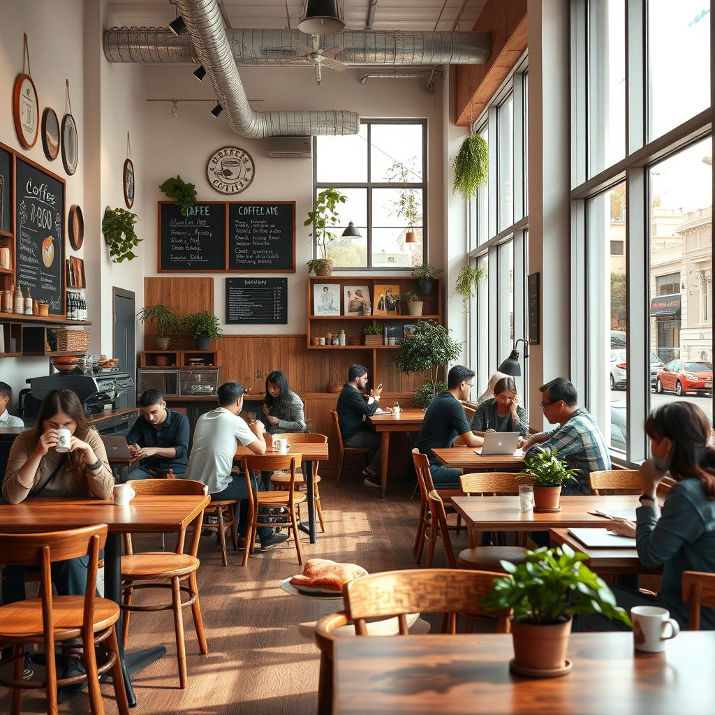 A cozy café interior design featuring rustic wooden furniture, soft ambient lighting, and large windows allowing natural light to flood in